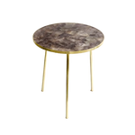 Amethyst round coffee side table — circular amethyst crystal mosaic in purple-grey with gold rim on three brass legs
