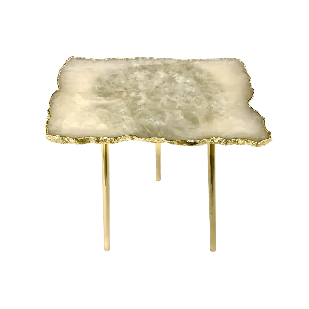 White agate quartz organic edge accent side table, pale cream-gold agate slab with jagged natural gold lava rim on three tall slim brass legs