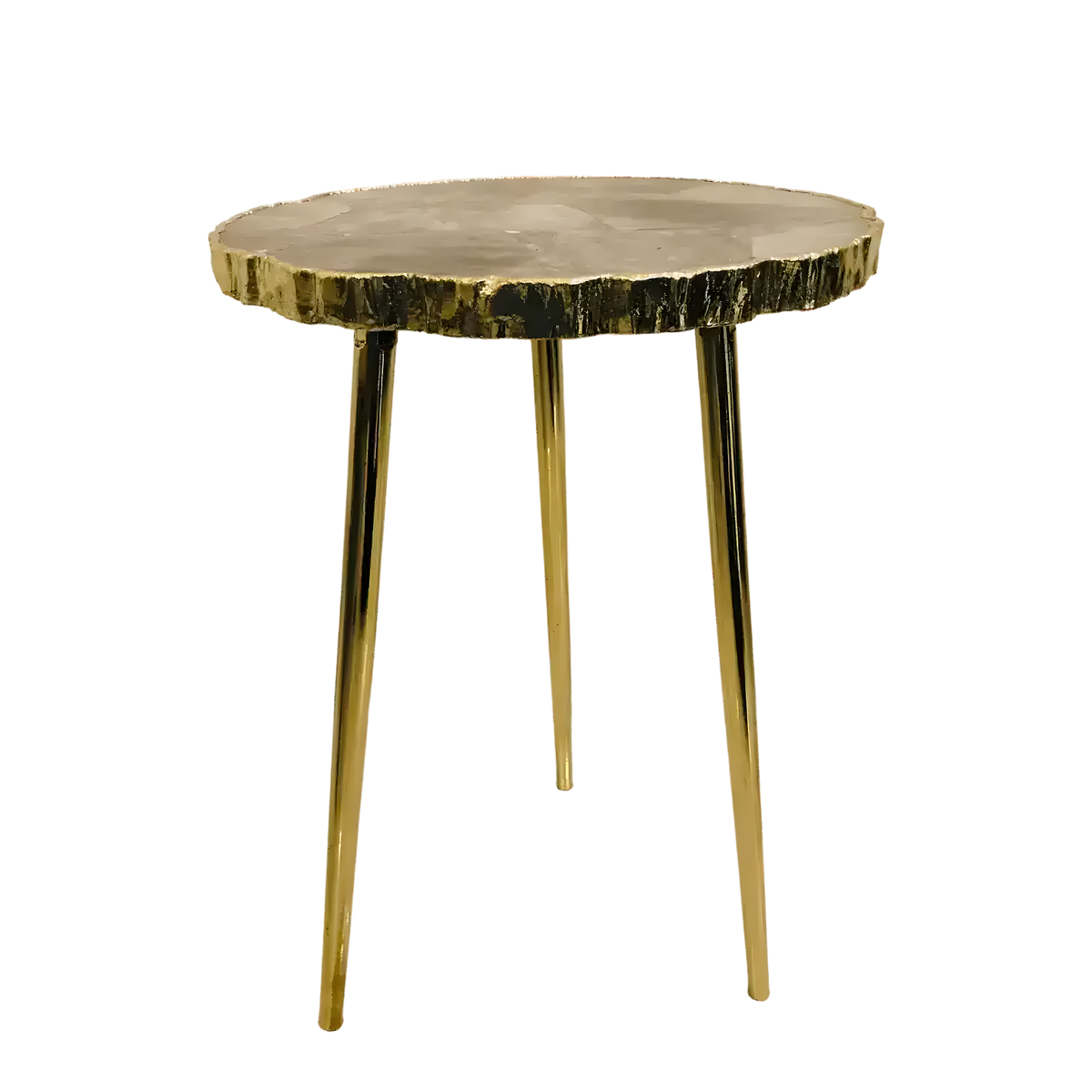 Smoky grey agate organic side table — round grey stone slab with jagged natural edges on three slender brass legs