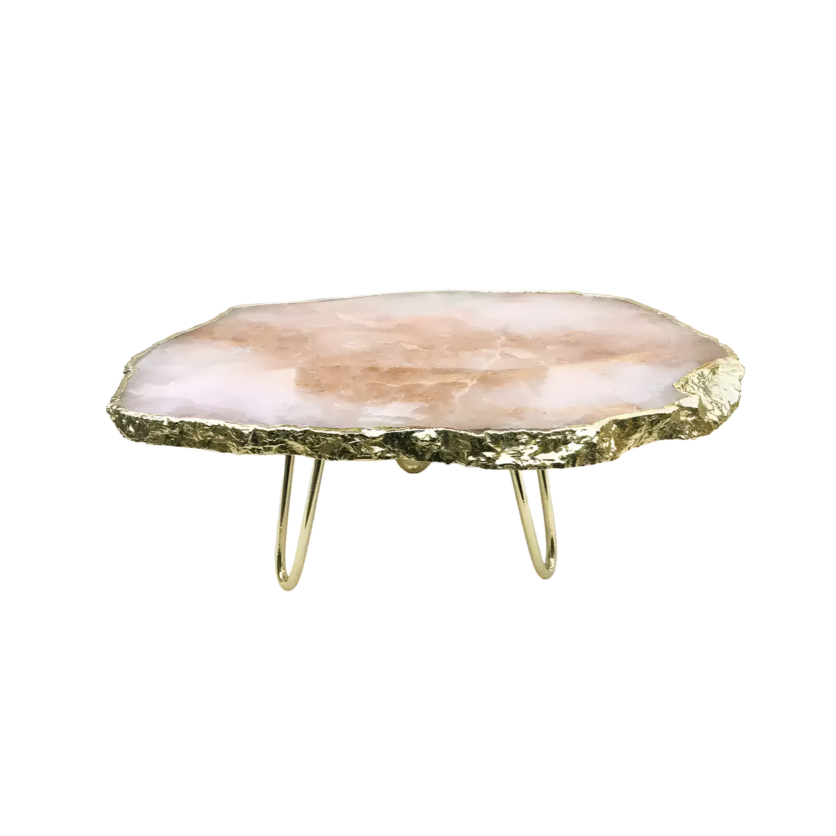 Side view of rose quartz agate cake stand — pale blush pink irregular agate slab with rough gold-leafed edges on brass legs