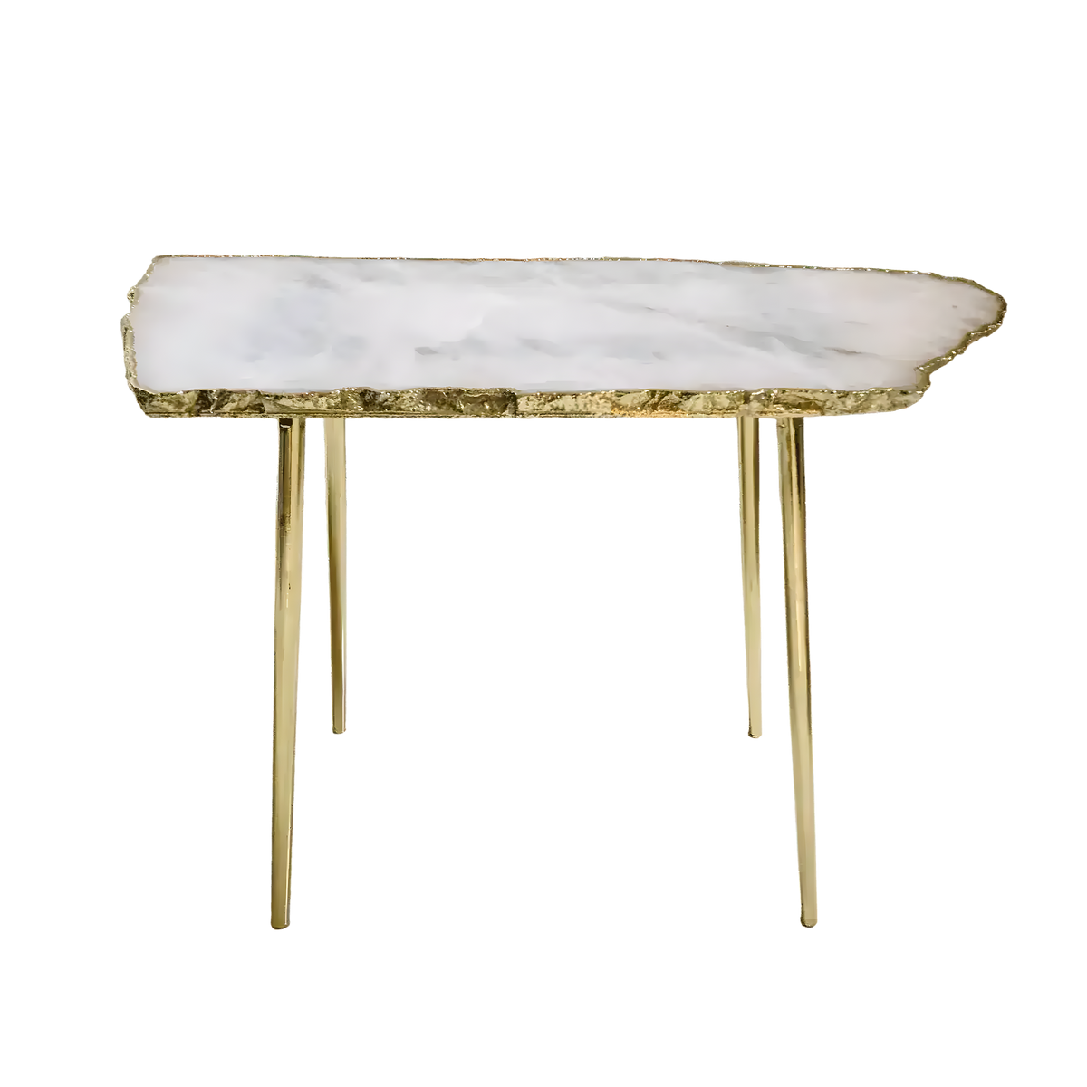 Rose quartz organic edge accent table with pale lavender-white slab top on four slim brass legs, white background