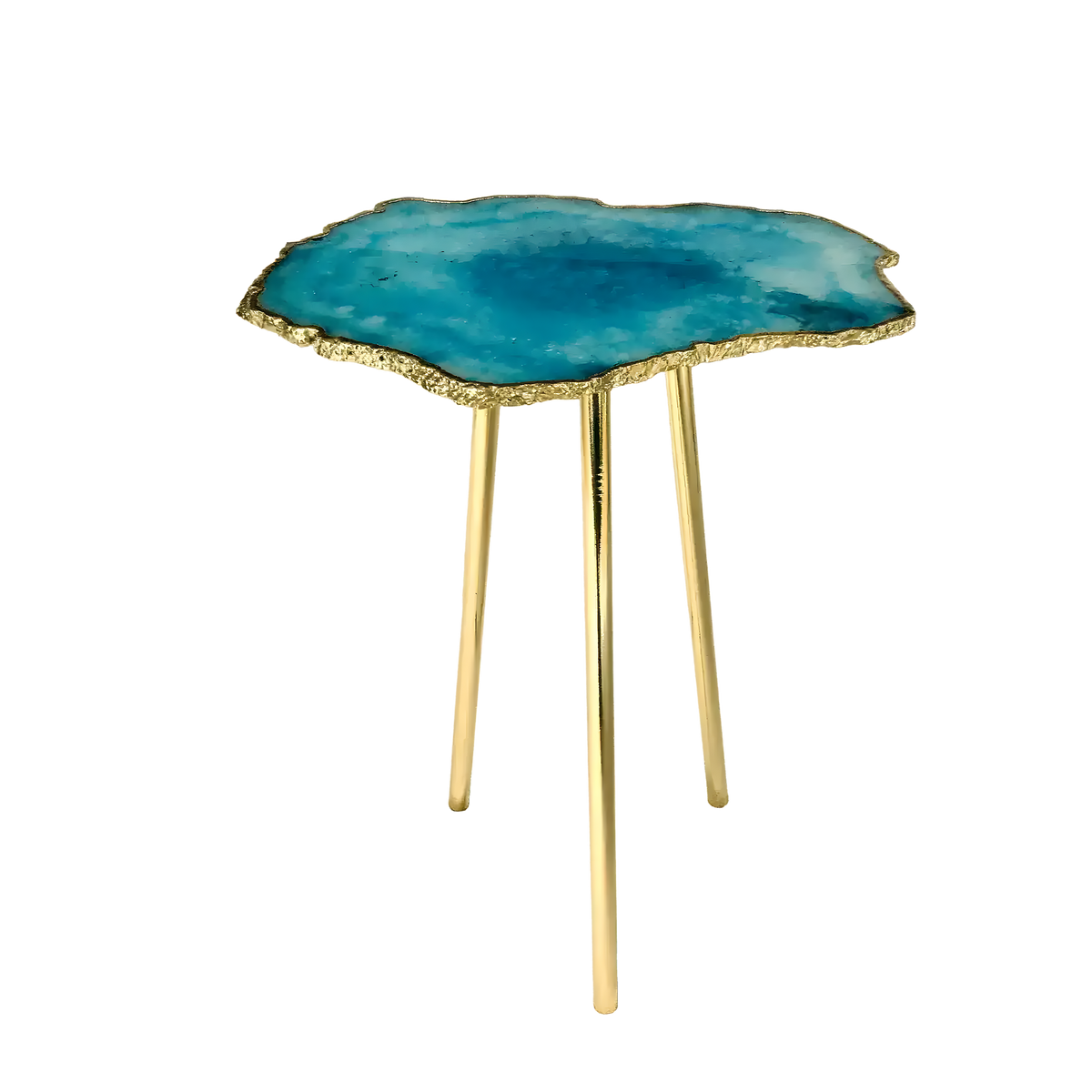Vivid teal-blue organic edge accent table — single large round blue agate slice with concentric darker center, serrated gold rim, three gold legs