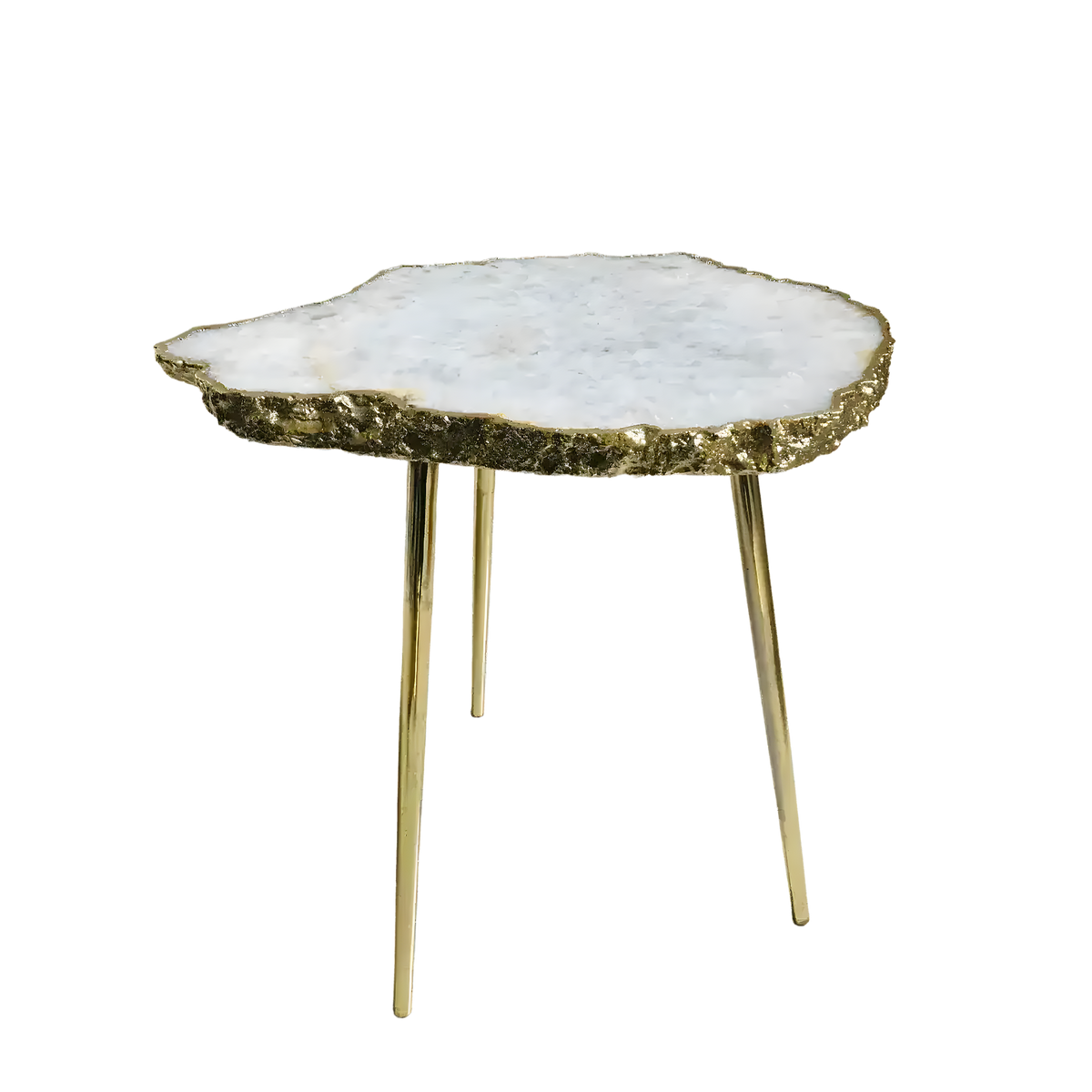 White-grey agate quartz organic edge accent table, freeform white quartz slab with rough gold rim on three slim gold legs
