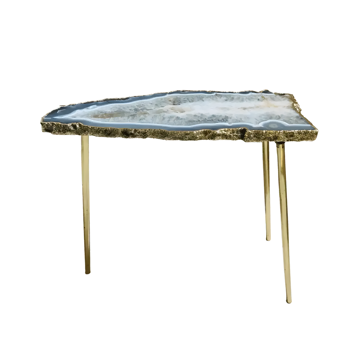 Grey agate side table with blue-tinted organic slab top on slim gold brass legs, white background