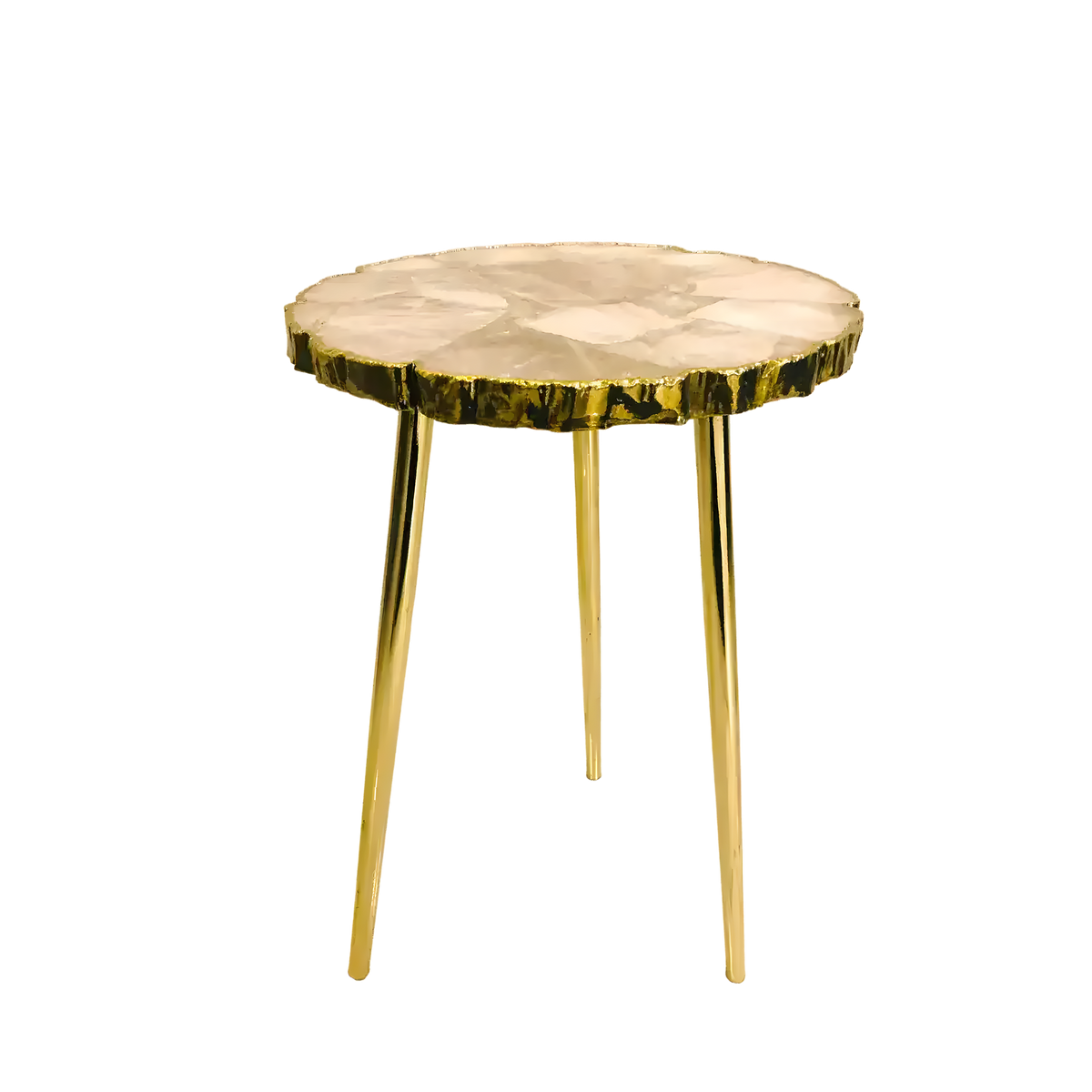 Rose quartz agate accent table with pale pink organic-edge round top, wavy gold rim and three slender gold legs on white background