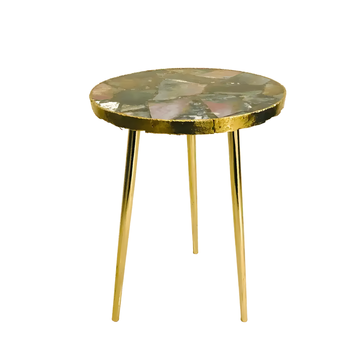 Round green agate accent table with mosaic dark green and pink stone top, scalloped gold rim, three tall brass legs