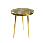 Round green agate accent table with mosaic dark green and pink stone top, scalloped gold rim, three tall brass legs
