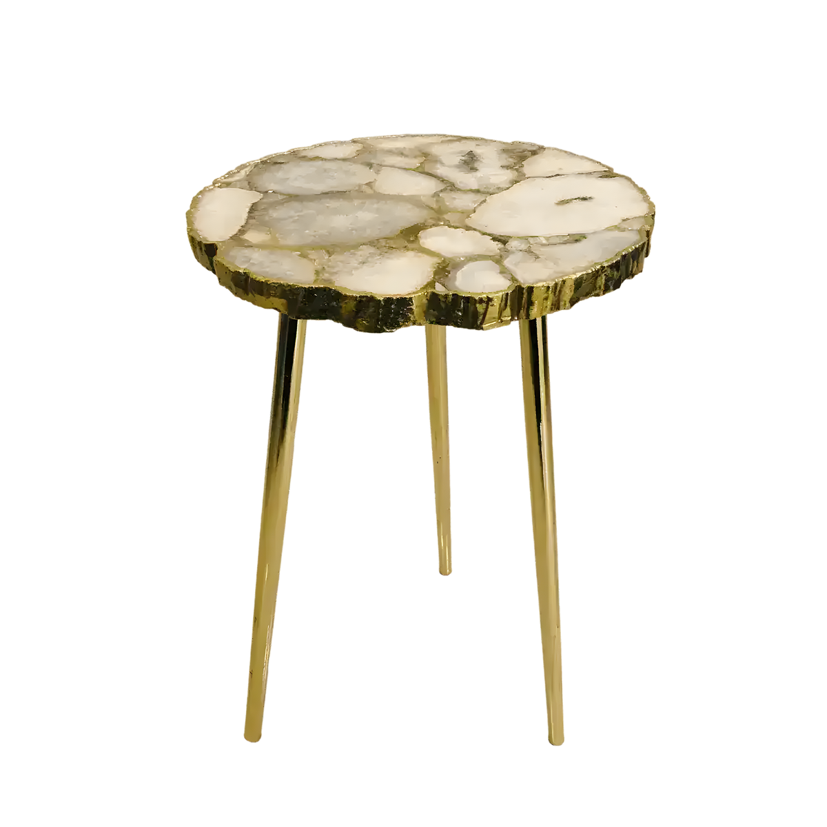 White crystal agate accent table — round organic-edge slab with natural crystal veining on three slim gold legs