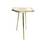 Full side view of small white agate quartz accent table with cream organic agate slice top on three slim gold tripod legs
