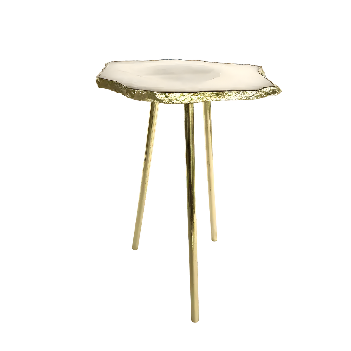 Full side view of small white agate quartz accent table with cream organic agate slice top on three slim gold tripod legs