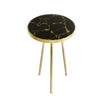 Round accent table with deep black agate top featuring bold gold sparkle veining in crackle pattern, gold-rimmed edge, three gold legs