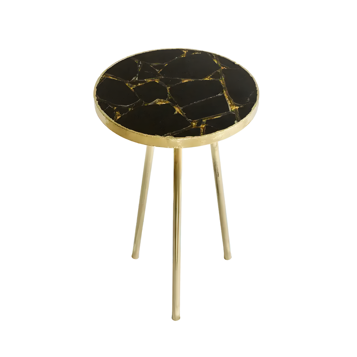 Round accent table with deep black agate top featuring bold gold sparkle veining in crackle pattern, gold-rimmed edge, three gold legs