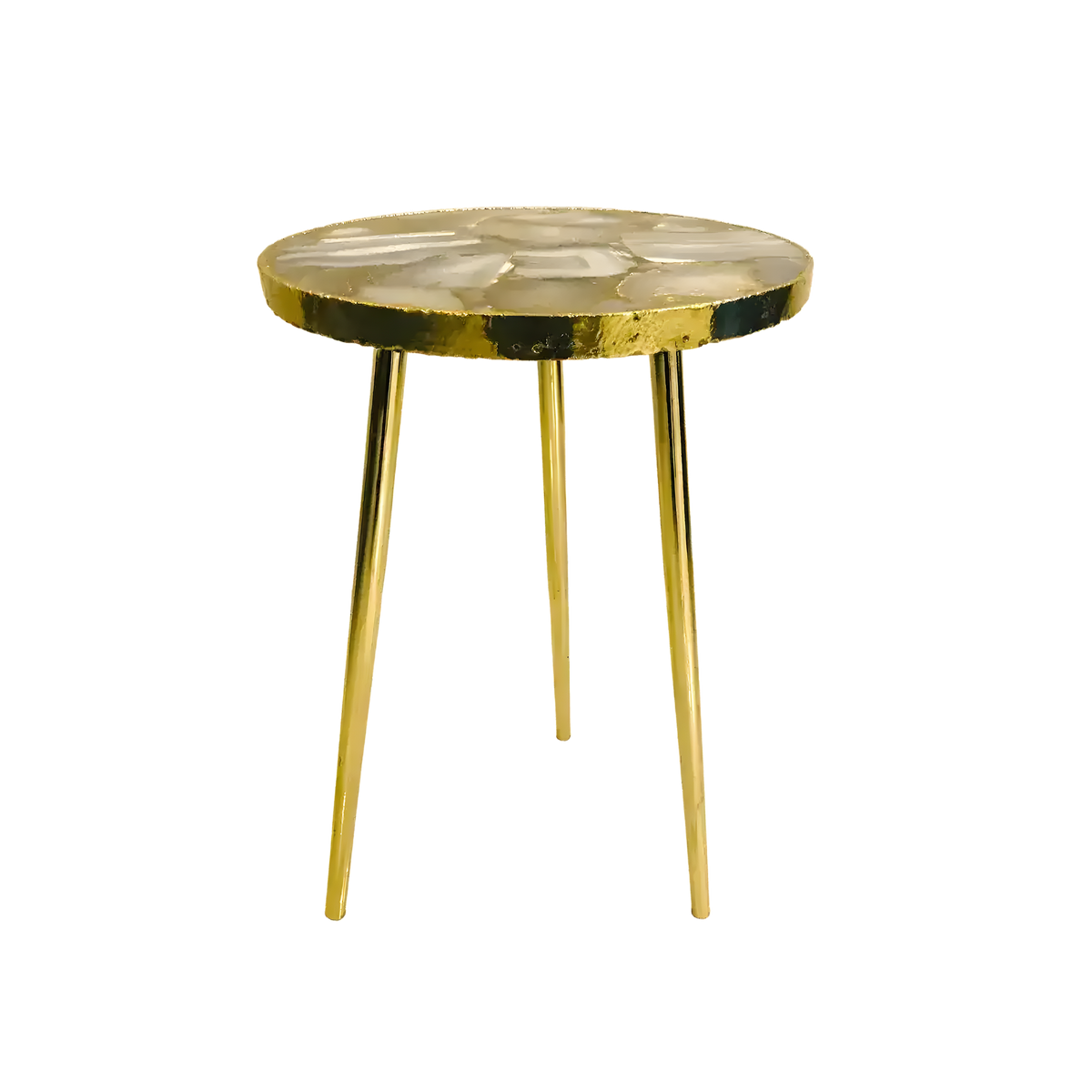 Round banded agate accent table with gold-hued mosaic top and three tall gold hairpin legs, product shot