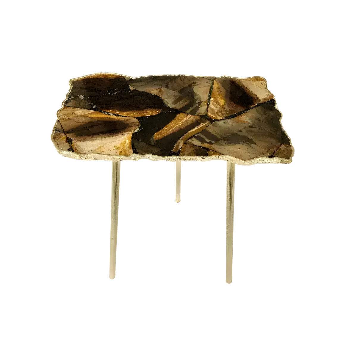Brown agate quartz organic edge accent table with mosaic of dark espresso and warm amber agate slab top, gold rim and three gold legs