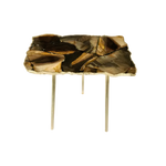 Brown agate quartz organic edge accent table with mosaic of dark espresso and warm amber agate slab top, gold rim and three gold legs