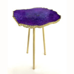 Small purple agate quartz organic edge accent table, vivid deep purple agate slab with jagged gold lava rim on three slim brass legs