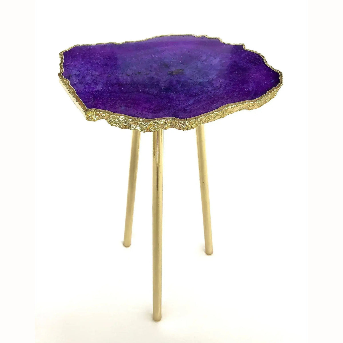 Small purple agate quartz organic edge accent table, vivid deep purple agate slab with jagged gold lava rim on three slim brass legs