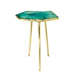 Small aqua agate quartz accent table — teal-green translucent slab with gold-dipped organic edge on gold legs