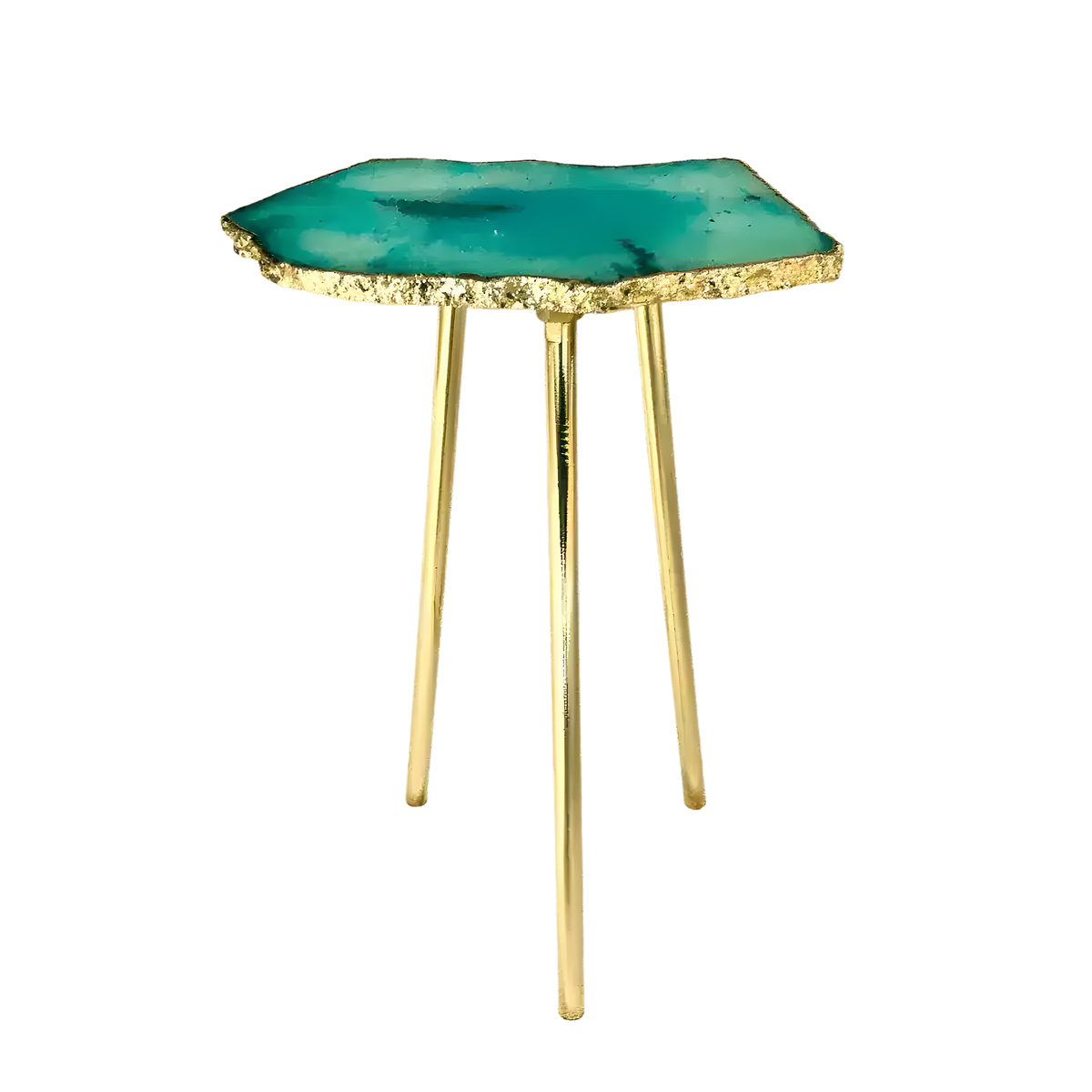 Small aqua agate quartz accent table — teal-green translucent slab with gold-dipped organic edge on gold legs