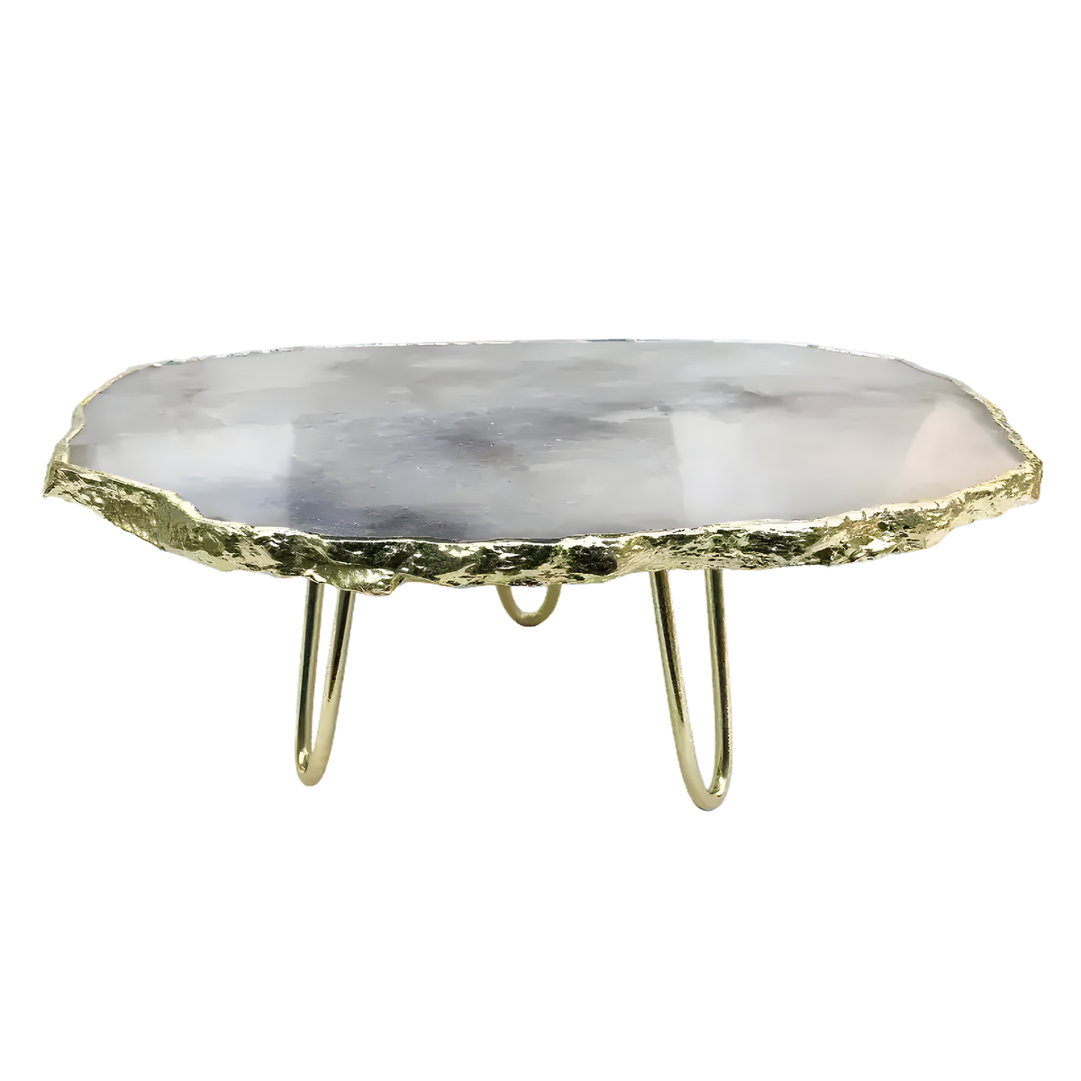 Grey agate quartz cake stand, oval translucent smoky grey-white agate slab with jagged gold rim on three hairpin brass legs
