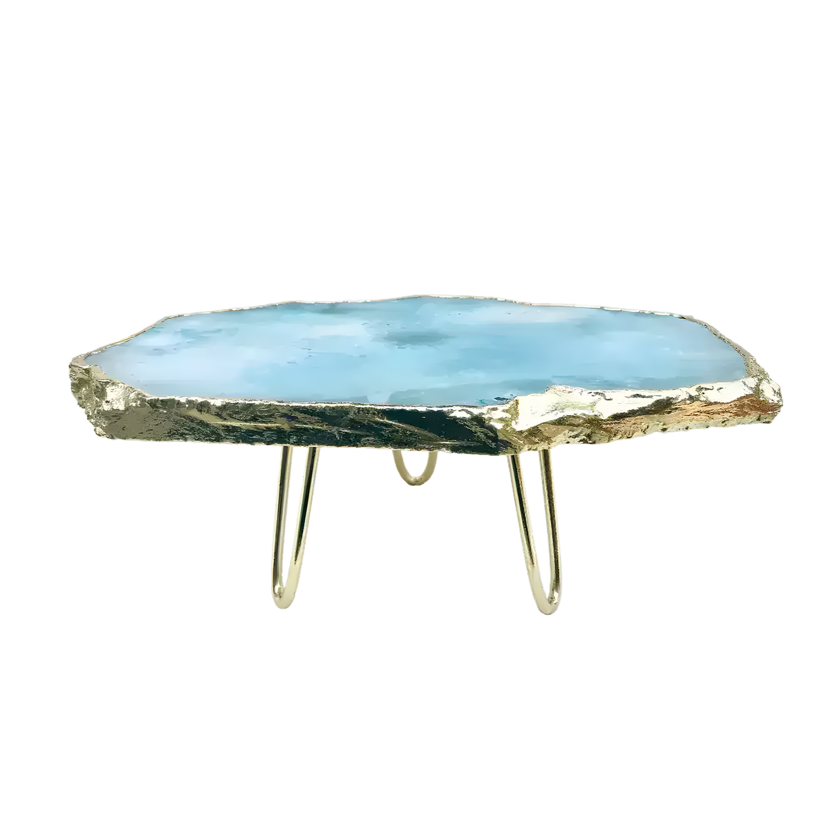 Blue agate cake stand with brass legs - round blue-navy agate slab top with concentric ice-blue rings, three slender brass legs, white bg