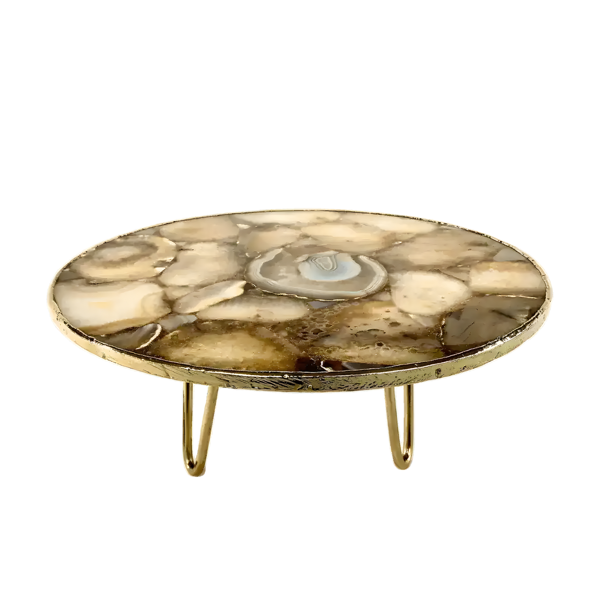 Golden brown agate cake stand — round mosaic agate slab with banded center, gold hammered rim on hairpin brass legs