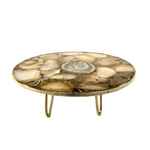 Golden brown agate cake stand — round mosaic agate slab with banded center, gold hammered rim on hairpin brass legs