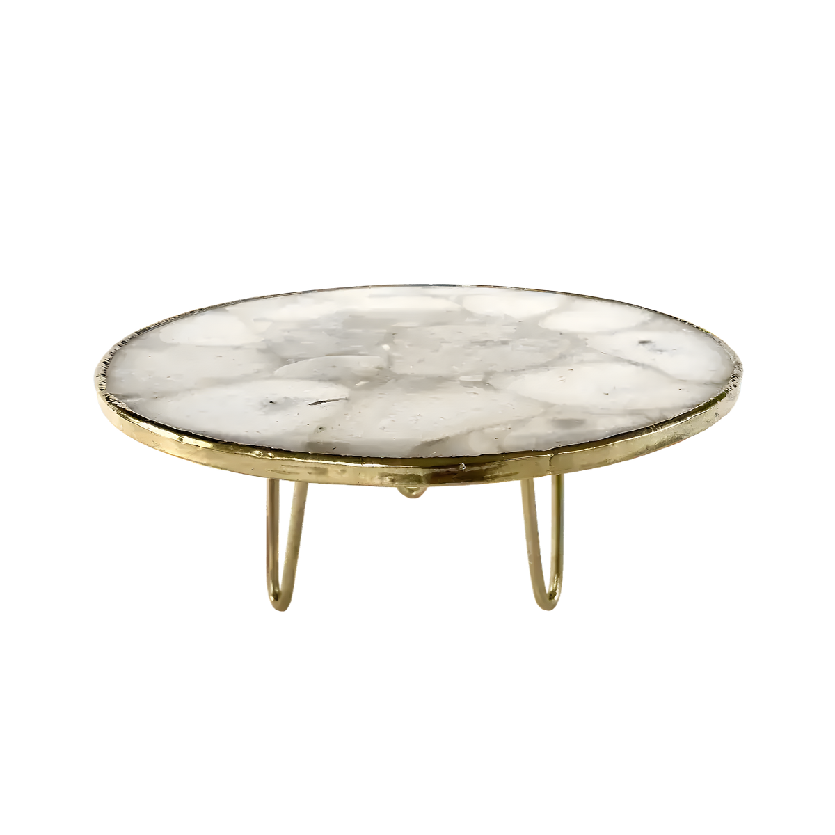 White crystal agate cake stand, round milky-white agate disc with soft grey veining and thin gold rim on three brass hairpin legs