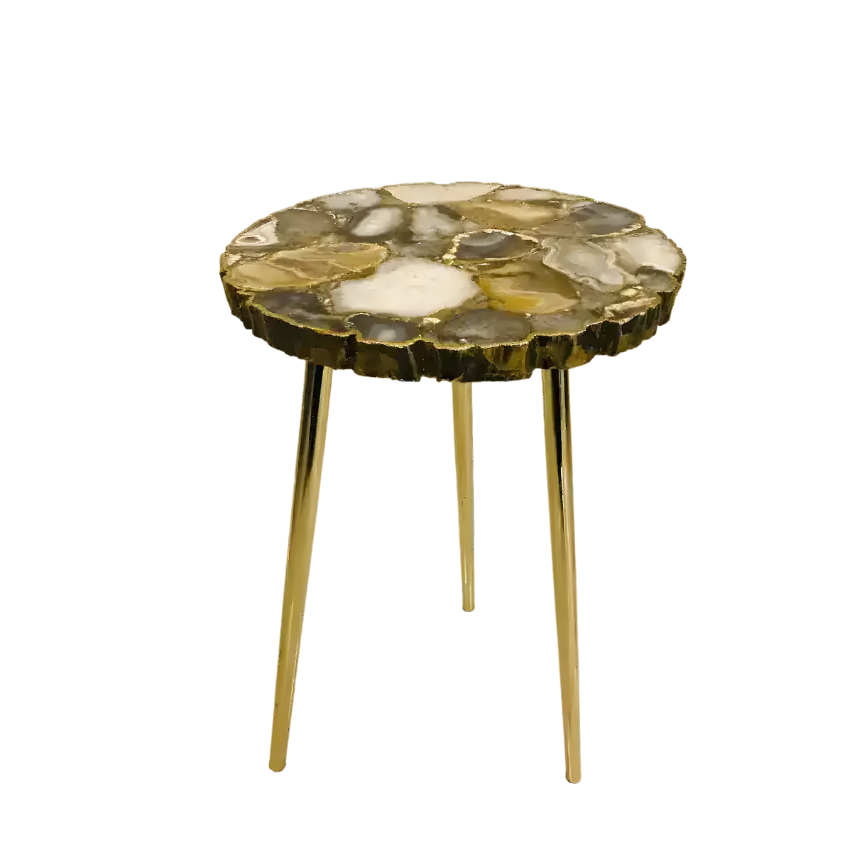 Round black agate organic edge accent table with mosaic dark and olive stone top and three gold hairpin legs