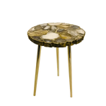Round black agate organic edge accent table with mosaic dark and olive stone top and three gold hairpin legs