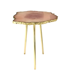 Small rose quartz agate organic edge accent table — translucent blush-pink agate slab with gold-dipped rim on three gold legs