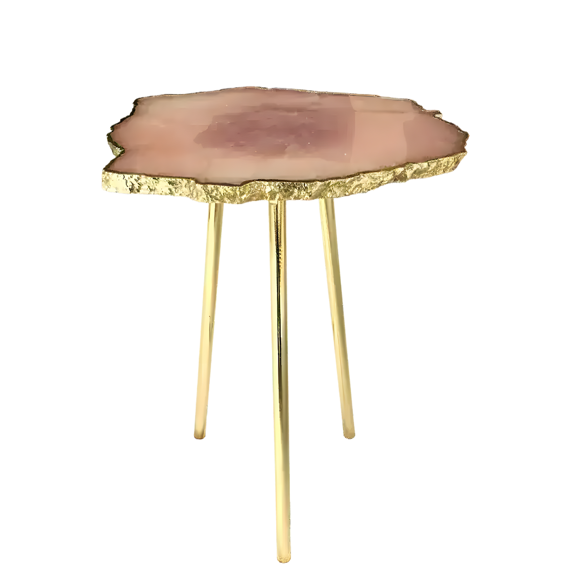 Small rose quartz agate organic edge accent table — translucent blush-pink agate slab with gold-dipped rim on three gold legs