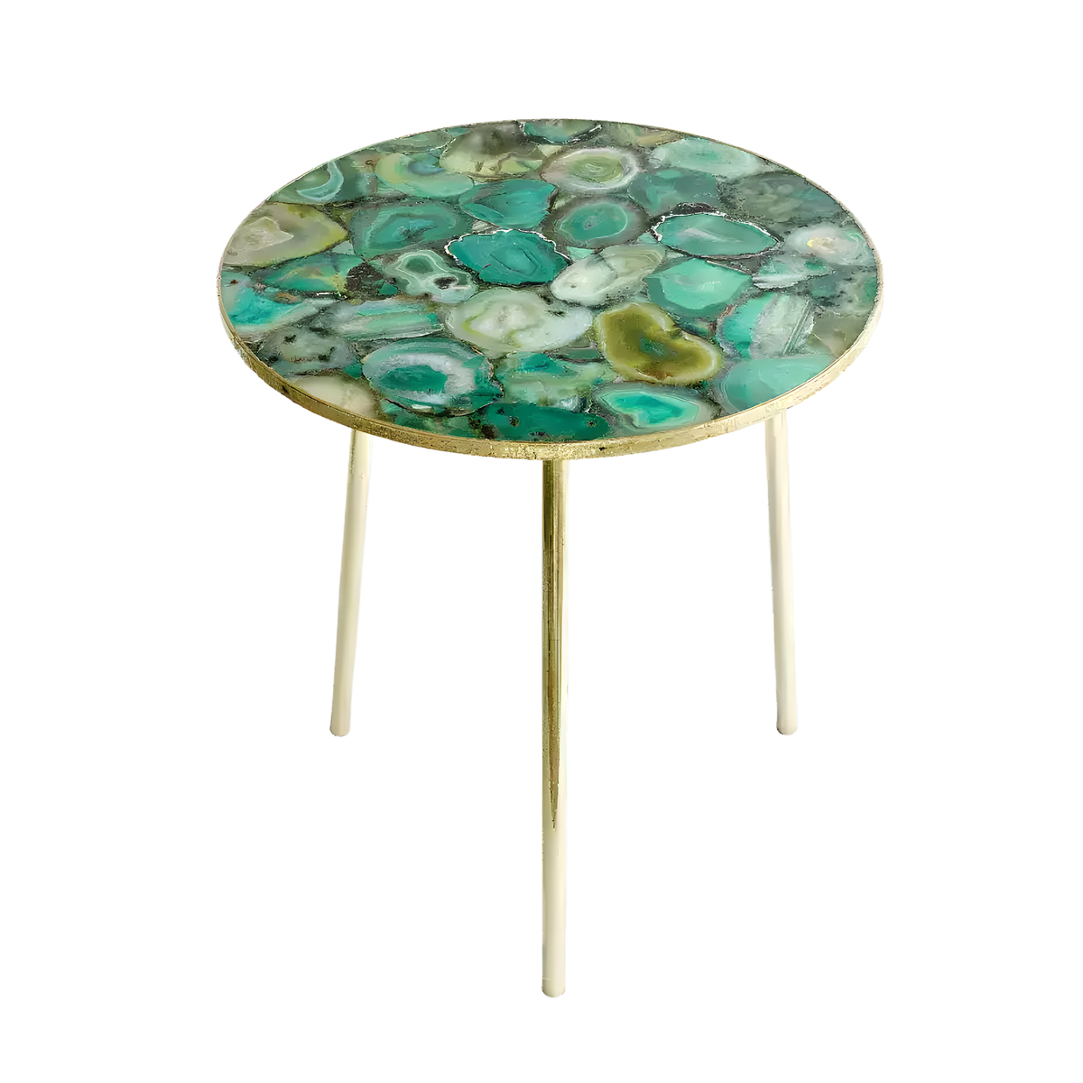 Light green agate round accent table with mosaic teal and cream agate slice top, gold hammered edge, slim gold tripod legs
