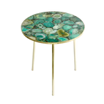 Light green agate round accent table with mosaic teal and cream agate slice top, gold hammered edge, slim gold tripod legs