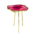 Small pink agate quartz organic edge side table — vibrant magenta agate slab with dark centre and crinkled gold foil rim on gold legs