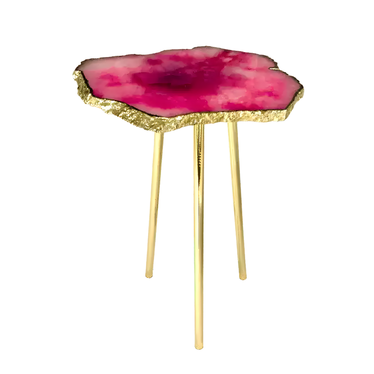 Small pink agate quartz organic edge side table — vibrant magenta agate slab with dark centre and crinkled gold foil rim on gold legs
