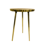 Golden quartz agate organic edge accent table with warm honey-amber mosaic top, wavy organic rim and three slender gold legs, white bg