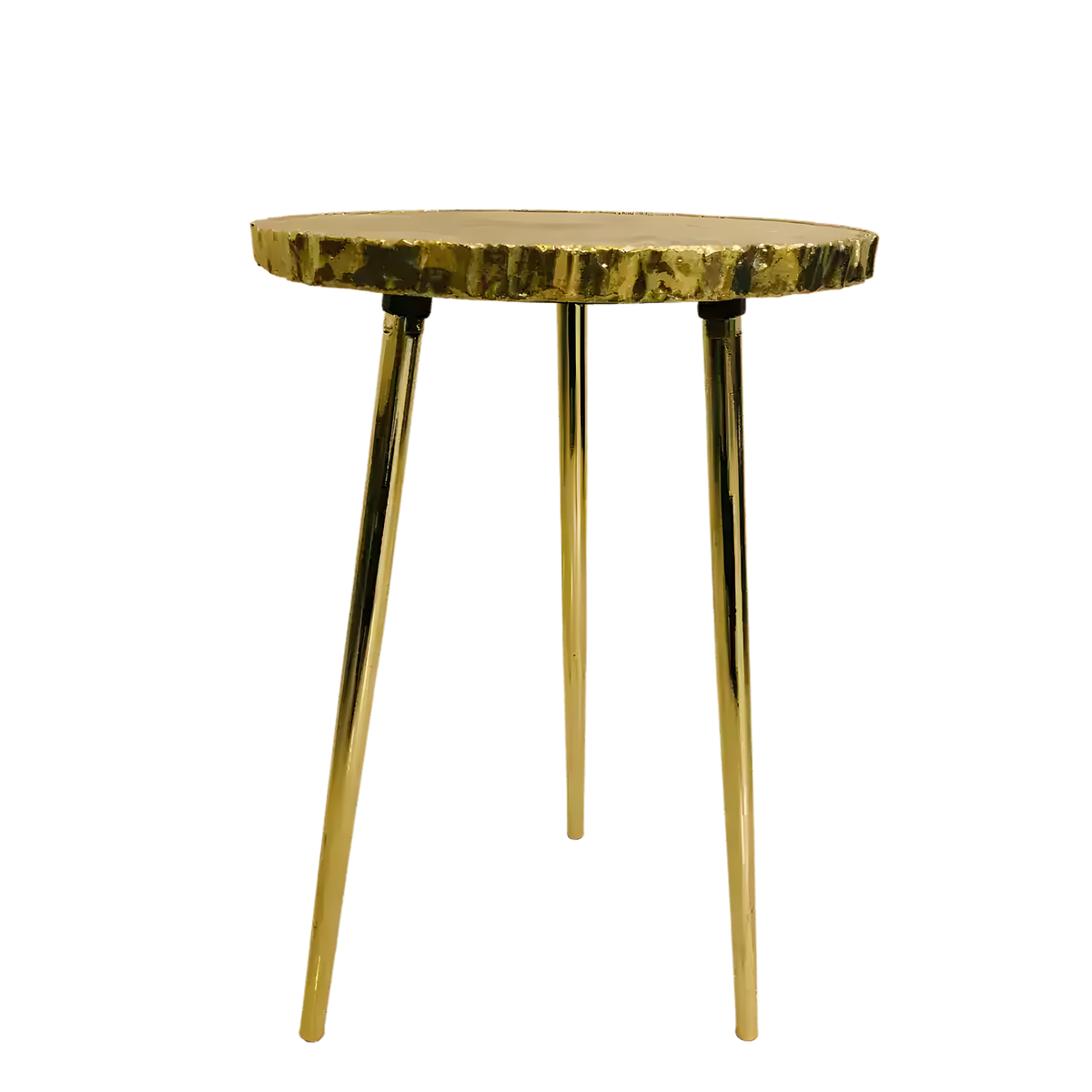 Golden quartz agate organic edge accent table with warm honey-amber mosaic top, wavy organic rim and three slender gold legs, white bg