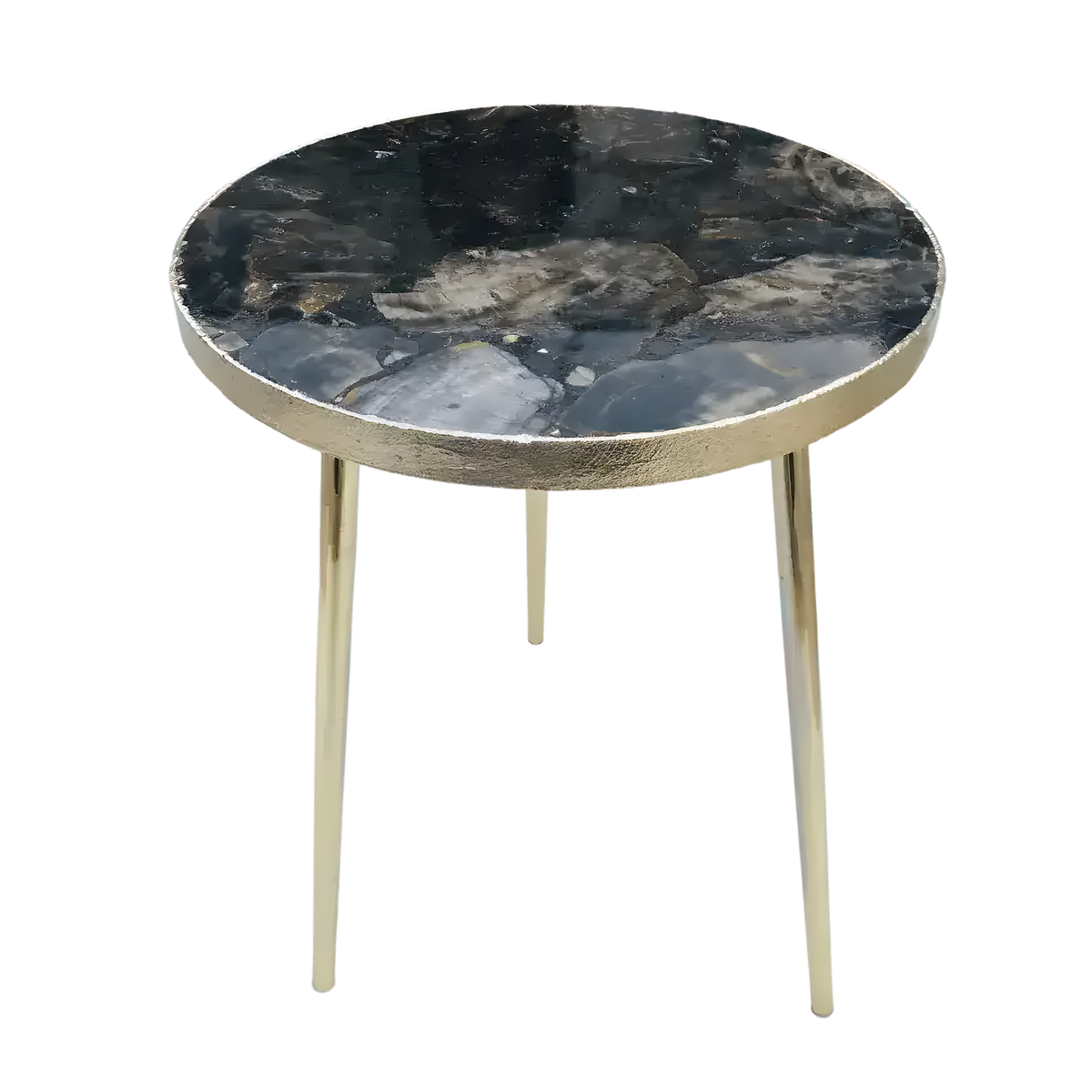 Black petrified wood agate round side table with mosaic dark stone top, hammered gold rim, three slim gold legs