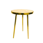White agate round side table full view with mosaic crystal top and three slim gold metal legs on grey background
