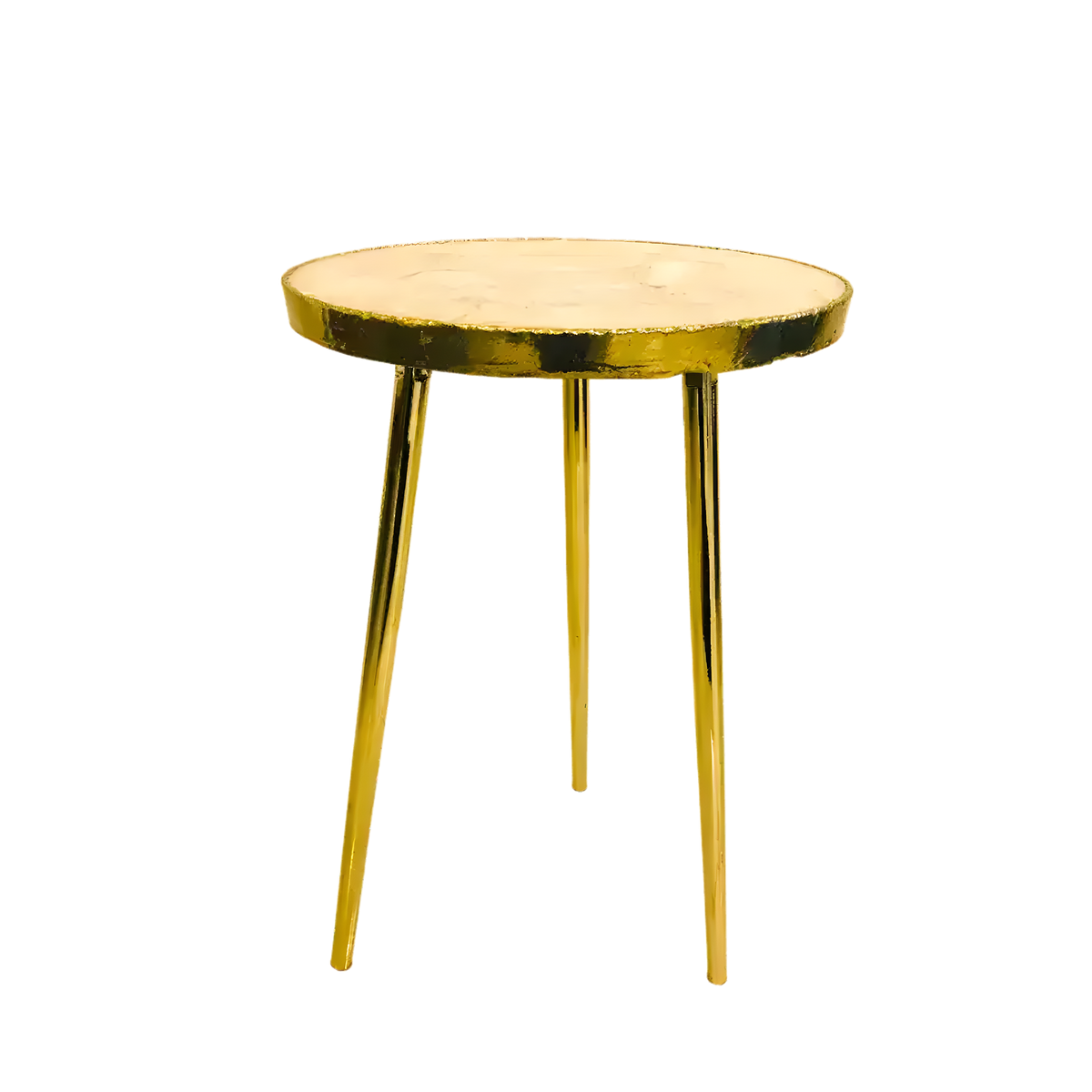 White agate round side table full view with mosaic crystal top and three slim gold metal legs on grey background