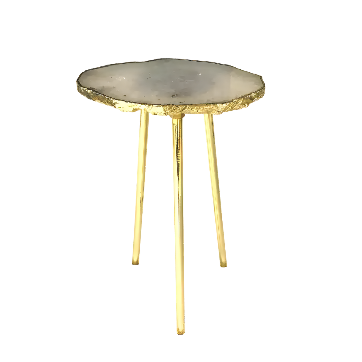 Small round grey agate quartz side table with single-slice stone top, organic gold-rimmed edge and three tall slim gold hairpin legs