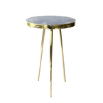Tall round lapis lazuli side table with deep blue-grey stone top in gold hammered rim and three tall slim gold hairpin legs