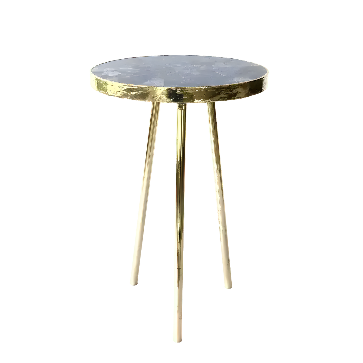 Tall round lapis lazuli side table with deep blue-grey stone top in gold hammered rim and three tall slim gold hairpin legs