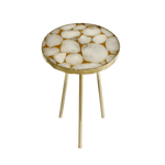 Gold sparkle white agate coffee table top overhead, mosaic of brown beige and grey mixed stone segments in round form
