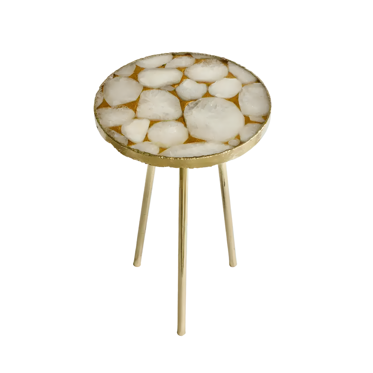 Gold sparkle white agate coffee table top overhead, mosaic of brown beige and grey mixed stone segments in round form
