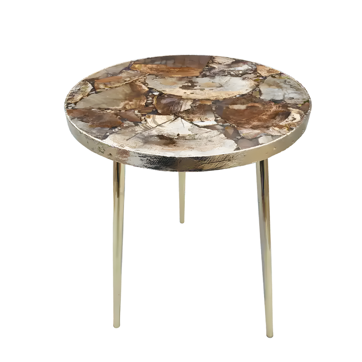 Petrified wood agate round coffee table with fossilized wood mosaic top showing tree ring patterns in brown, rust and cream, gold rim