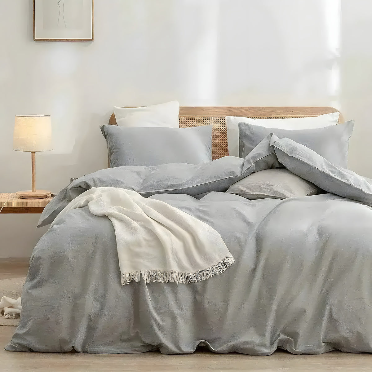 Create a serene and cozy retreat with our 100% Cotton Duvet Cover Set in a soft light gray, complemented by a matching Cotton Sheet Set. Made from premium 100% cotton, this bedding set offers a luxurious, breathable feel that ensures a comfortable night's sleep all year round. The soothing light gray color adds a touch of modern elegance to any bedroom, creating a peaceful atmosphere perfect for rest and relaxation.