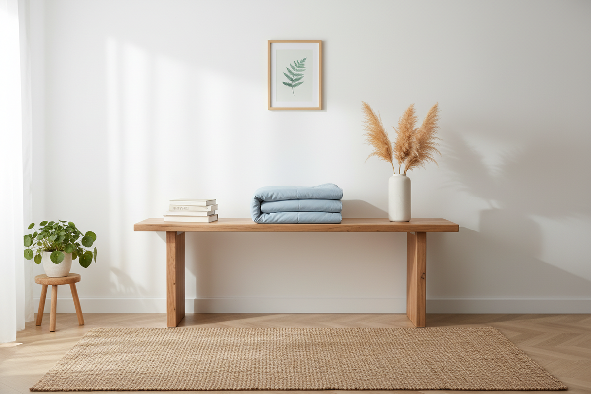 A styled interior scene with a light wood bench against a white wall, a folded stack of pale blue textiles on the bench, a white vase with dried pampas grass, a small potted plant on a stool, and a woven rug on a wood floor.