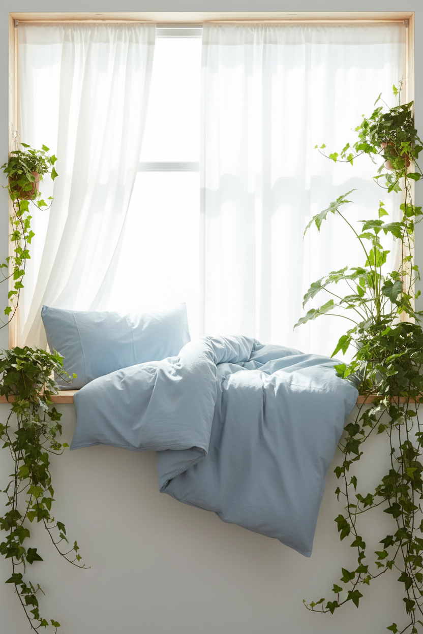 Light blue bedding, including a duvet cover and two pillows, styled on a window sill with white sheer curtains and surrounded by green trailing ivy.